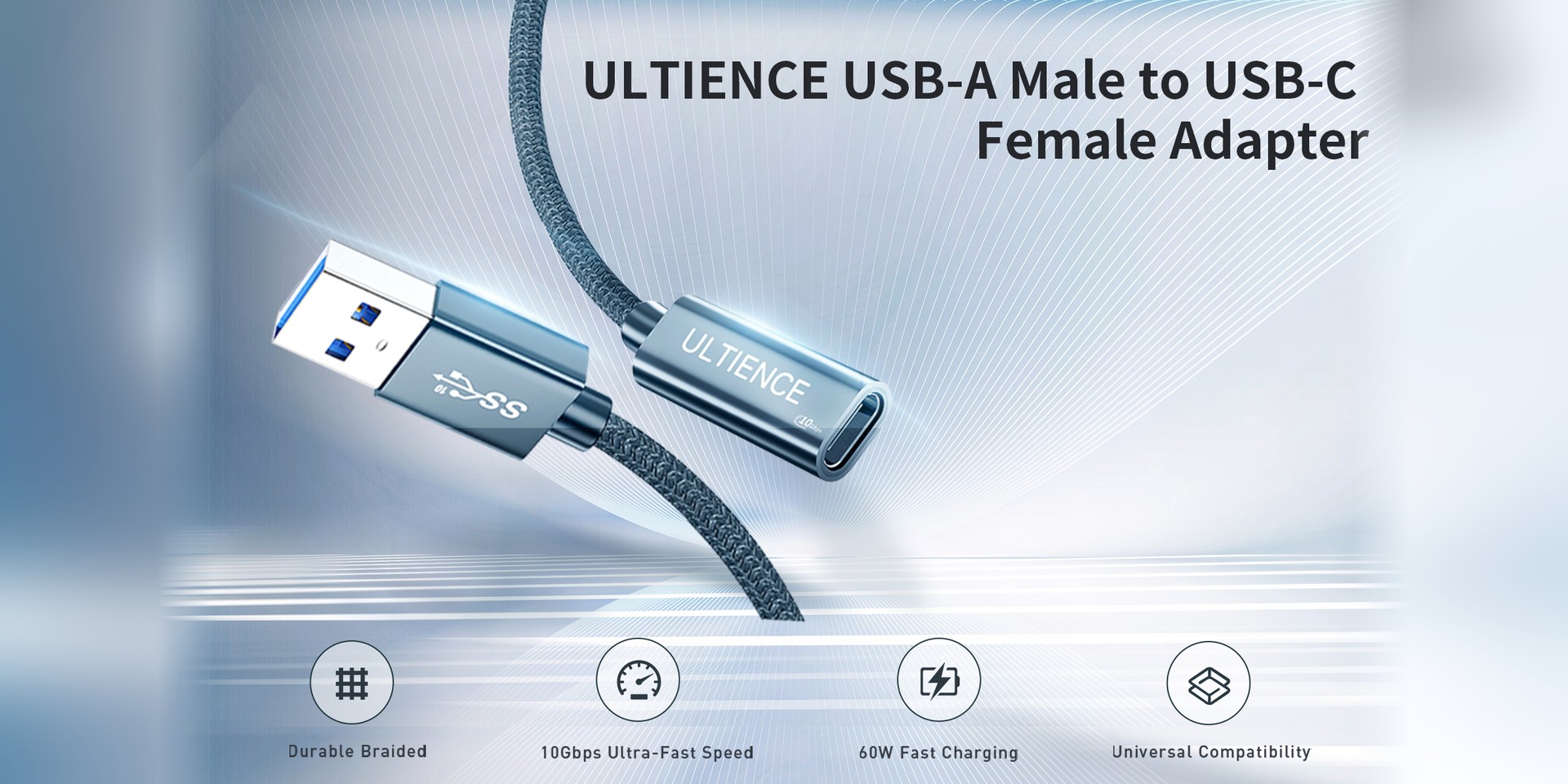 ULTIENCE USB-A male to USB-C female braided cable adapter: durable braided cable, 10Gbps ultra-fast speed, 60W fast charging, universal compatibility