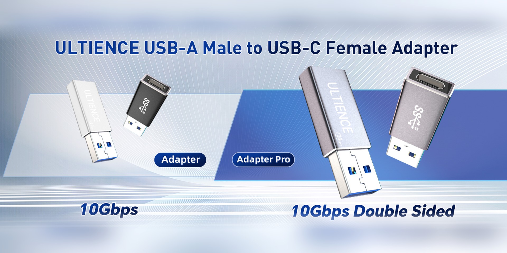 ULTIENCE USB-A male to USB-C female adapters: Adapter with 10Gbps, and Adapter Pro with 10Gbps double-sided